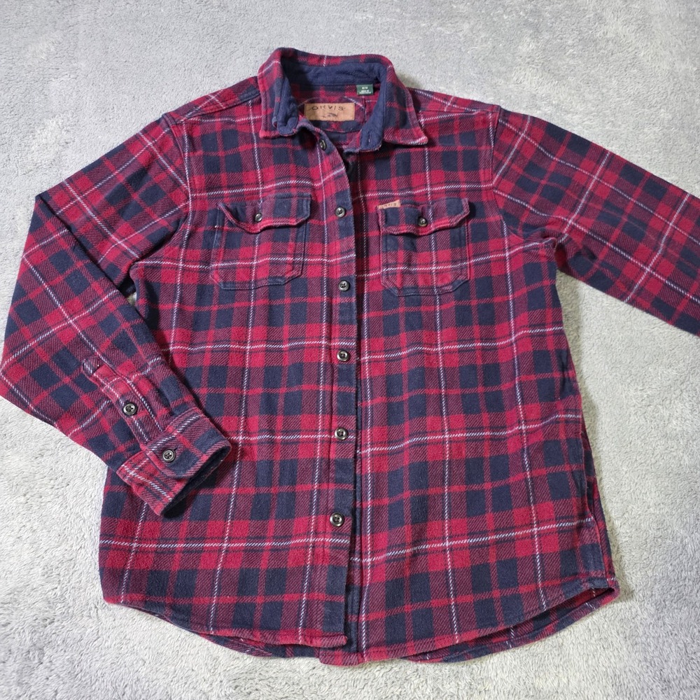 Orvis Mens Medium Flannel Button Down Shirt Red Navy Blue Plaid Fleece Collar